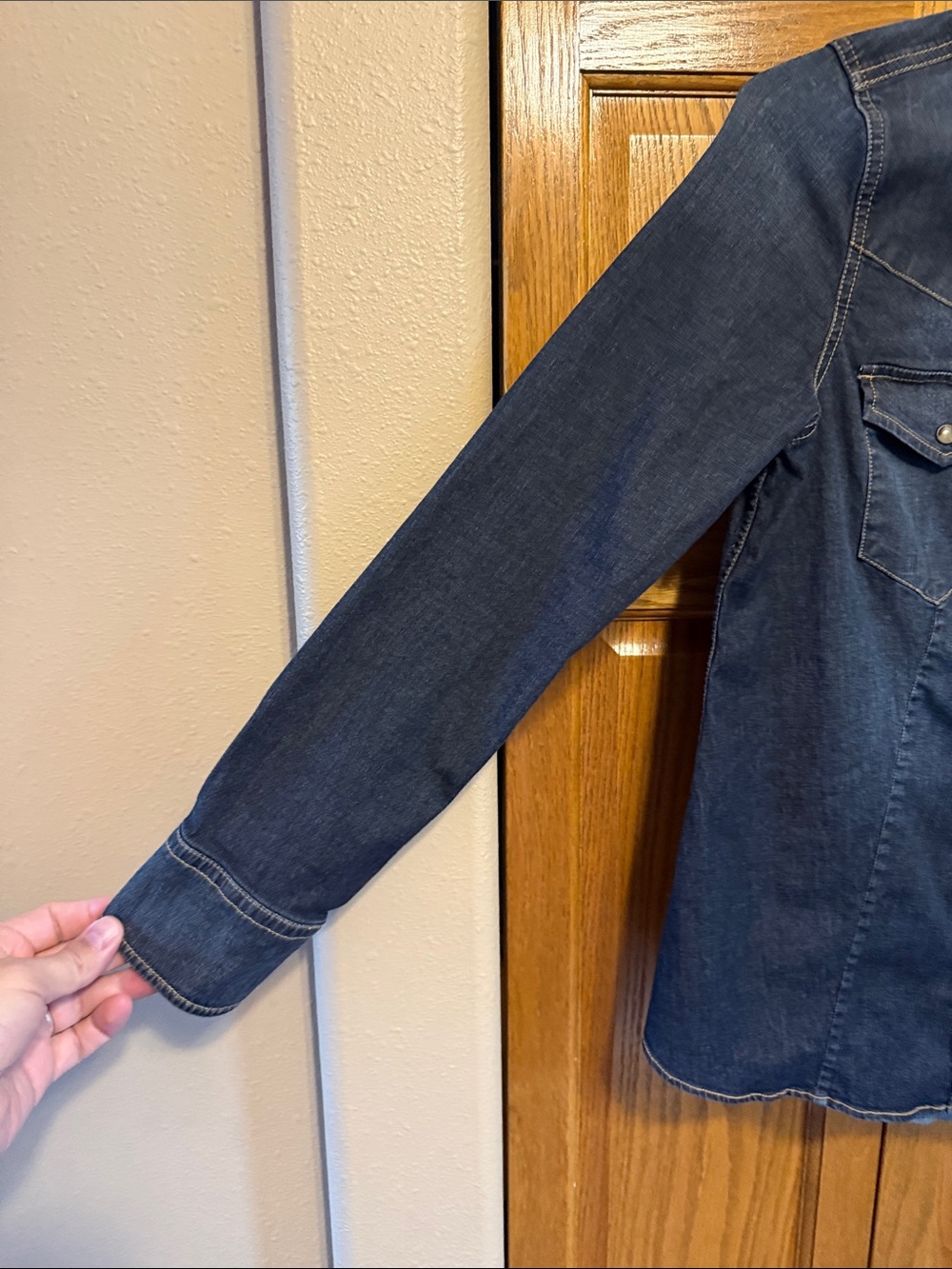 Dark Blue Denim Western Shirt - Women's Snap Button-Front Jean Shirt-Medium - Picture 6 of 12